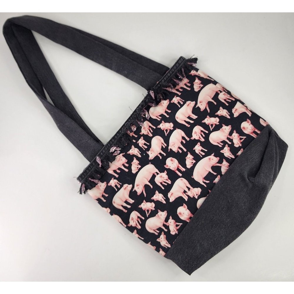 Womens‎ Purse Black Denim Pink Pig Fringed Hand Made Grandma Core Shoulder Bag